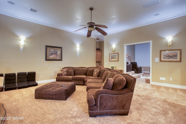 7444 Caldwell Canyon Rd, Snowflake, AZ 85937 - carpeted living room featuring ornamental molding, ceiling fan, and baseboards