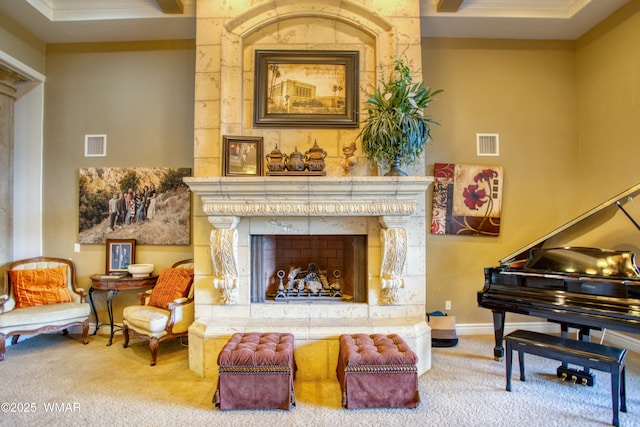 7444 Caldwell Canyon Rd, Snowflake, AZ 85937 - living room featuring carpet, a fireplace, crown molding, and baseboards