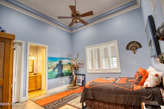 7444 Caldwell Canyon Rd, Snowflake, AZ 85937 - bedroom with ornamental molding, wood finished floors, a towering ceiling, and connected bathroom