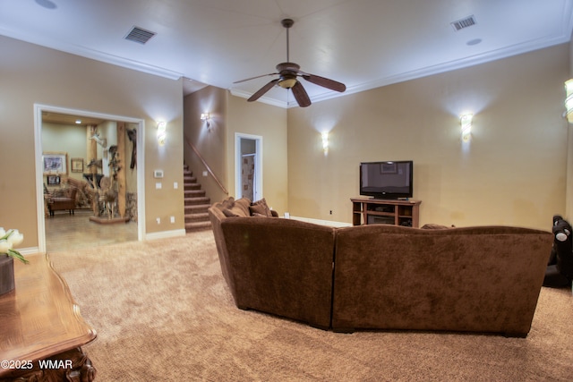 7444 Caldwell Canyon Rd, Snowflake, AZ 85937 - living area featuring a ceiling fan, stairway, crown molding, carpet flooring, and baseboards