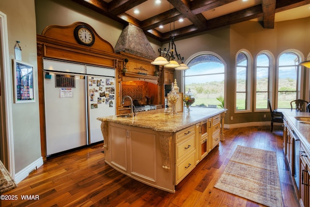 7444 Caldwell Canyon Rd, Snowflake, AZ 85937 - kitchen with built in refrigerator, coffered ceiling, a sink, beam ceiling, and baseboards