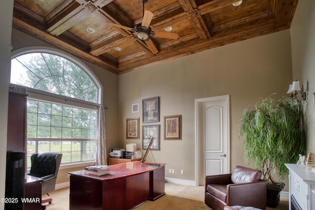 7444 Caldwell Canyon Rd, Snowflake, AZ 85937 - home office featuring light colored carpet, coffered ceiling, baseboards, a towering ceiling, and a ceiling fan