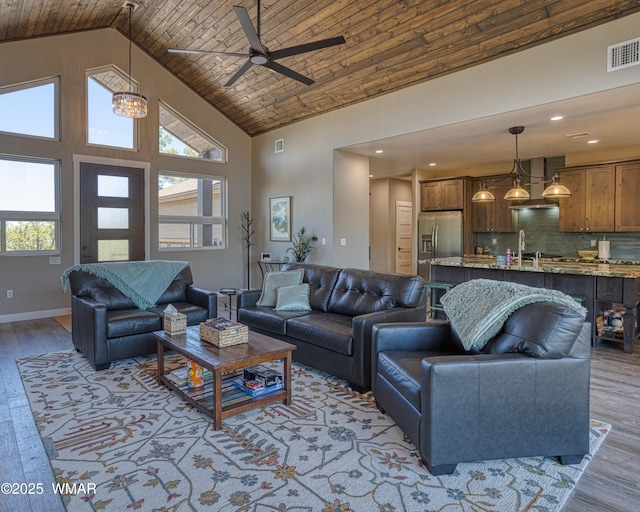 3511 W Falling Leaf Rd, Show Low, AZ 85901 - living area featuring light wood-style flooring, high vaulted ceiling, a ceiling fan, plenty of natural light, and wood ceiling