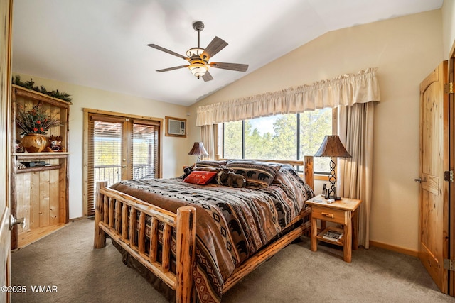 bedroom with french doors, vaulted ceiling, light carpet, a ceiling fan, and access to outside