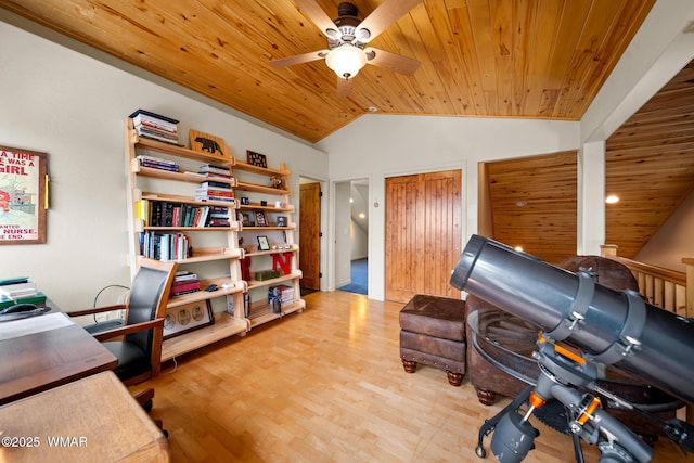 1610 S Canyon Ridge Trl, Show Low, AZ 85901 - office with wooden ceiling, a ceiling fan, lofted ceiling, and wood finished floors