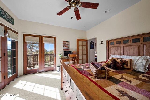 1610 S Canyon Ridge Trl, Show Low, AZ 85901 - bedroom with access to exterior, french doors, light colored carpet, and a ceiling fan