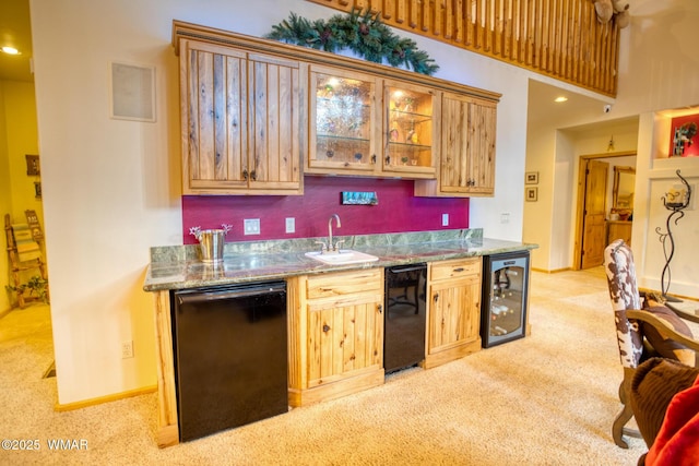 bar with wine cooler, light carpet, a sink, black dishwasher, and indoor wet bar