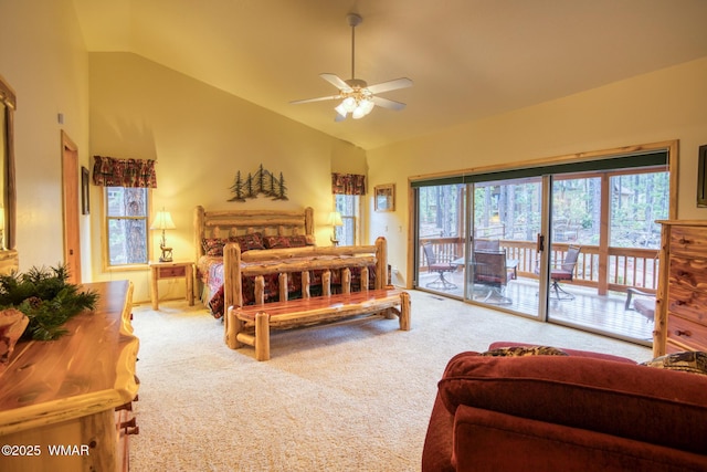 bedroom featuring lofted ceiling, access to outside, and carpet