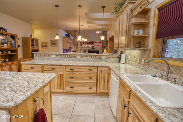 kitchen featuring open shelves, a sink, white dishwasher, decorative backsplash, and a peninsula