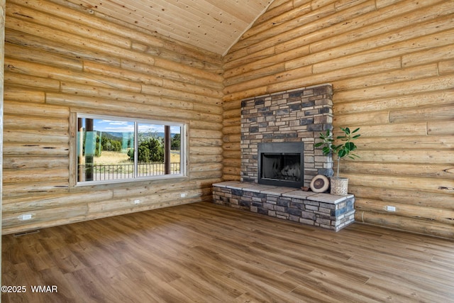 436 E 11th Ln, Eagar, AZ 85925 - unfurnished living room featuring wooden ceiling, a fireplace, vaulted ceiling, and wood finished floors