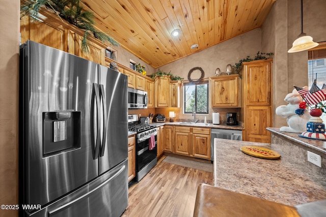 kitchen featuring hanging light fixtures, light wood-style flooring, appliances with stainless steel finishes, a sink, and wooden ceiling