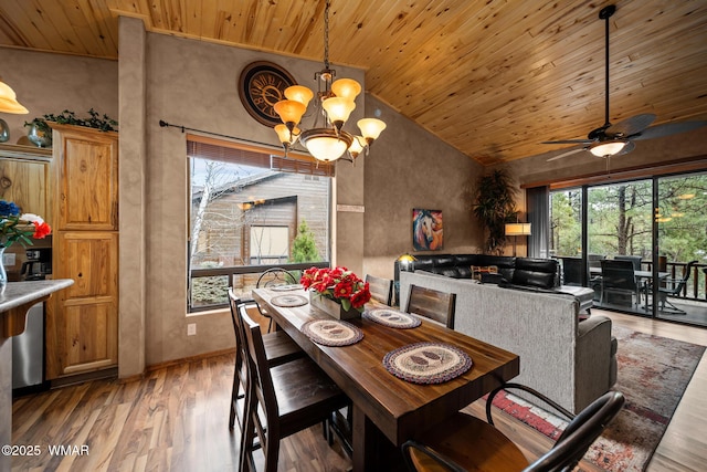 dining room with high vaulted ceiling, a wealth of natural light, wood finished floors, and wood ceiling