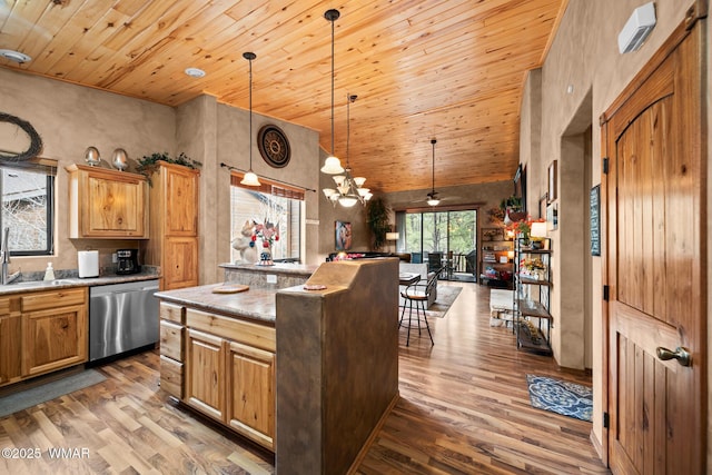 kitchen with dishwasher, wooden ceiling, wood finished floors, decorative light fixtures, and a sink