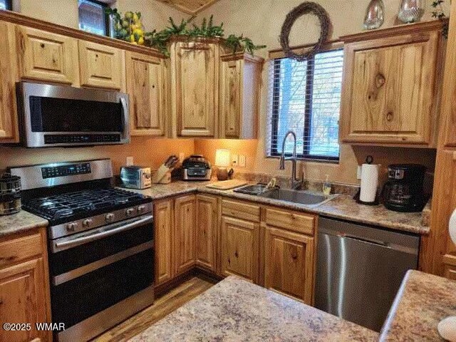 kitchen featuring stainless steel appliances, a sink, and light stone counters