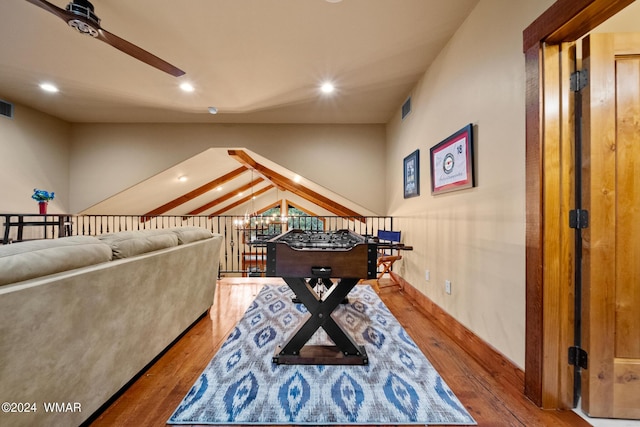 playroom featuring ceiling fan with notable chandelier, wood finished floors, visible vents, and recessed lighting