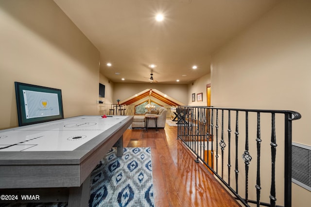 rec room featuring ceiling fan, wood finished floors, and recessed lighting