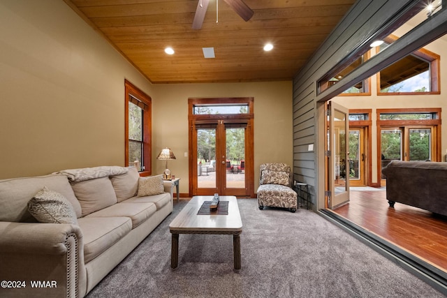 living room with french doors, recessed lighting, a ceiling fan, carpet flooring, and wooden ceiling