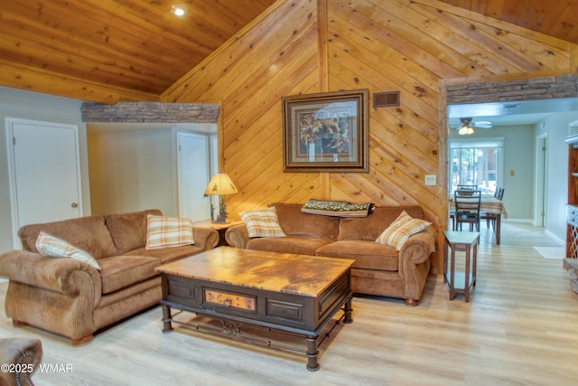 7287 Moon Creek Cir, Pinetop, AZ 85935 - living area with lofted ceiling, wooden ceiling, light wood finished floors, wood walls, and baseboards