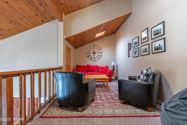 carpeted living room with vaulted ceiling with skylight and wooden ceiling