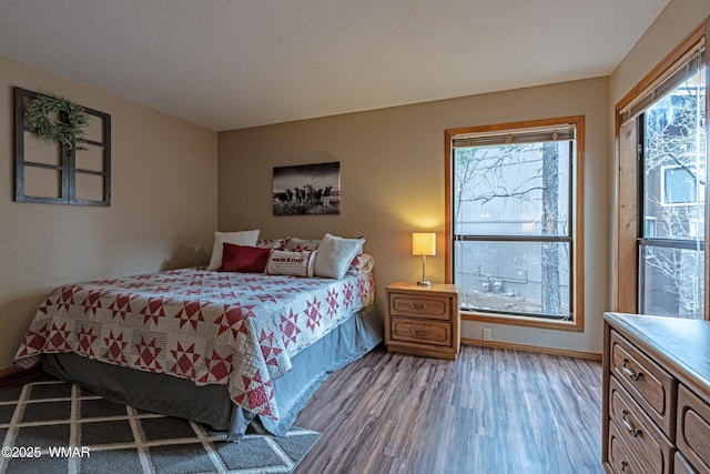 bedroom with baseboards, multiple windows, and wood finished floors