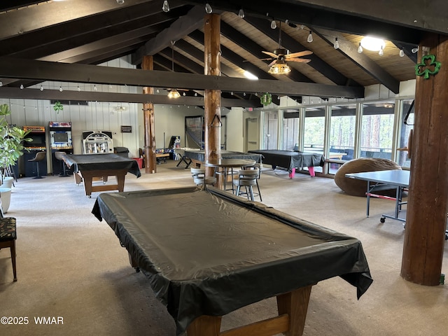 playroom featuring track lighting, billiards, carpet, and lofted ceiling with beams
