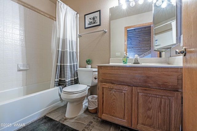 full bathroom with toilet, a textured wall, shower / tub combo with curtain, and vanity