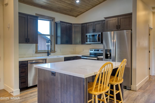 2071 N Bison Pass Ct, Show Low, AZ 85901 - kitchen with appliances with stainless steel finishes, wood ceiling, a sink, light wood-style floors, and a breakfast bar area