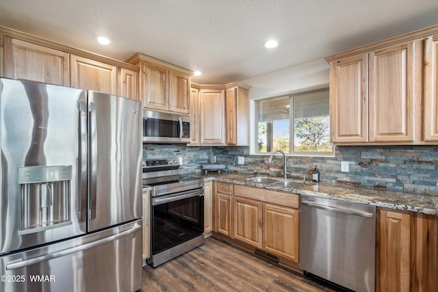 3457 Carefree Rd, Heber, AZ 85928 - kitchen featuring stainless steel appliances, light brown cabinetry, dark stone countertops, backsplash, and recessed lighting