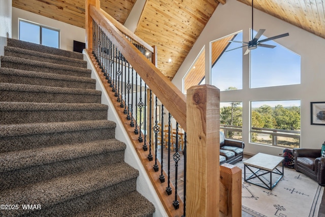 3457 Carefree Rd, Heber, AZ 85928 - stairway with high vaulted ceiling, a wood ceiling with exposed beams, plenty of natural light, and a ceiling fan