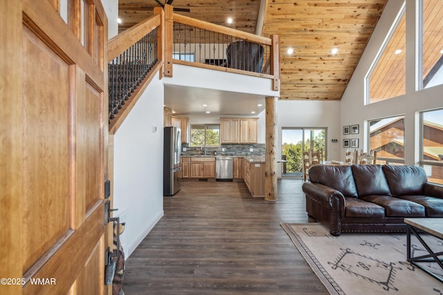 3457 Carefree Rd, Heber, AZ 85928 - living room with high vaulted ceiling, dark wood finished floors, recessed lighting, and wood ceiling