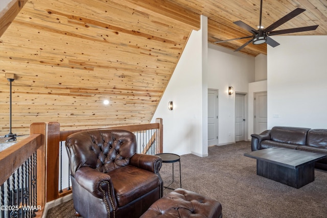 3457 Carefree Rd, Heber, AZ 85928 - sitting room with wooden ceiling, carpet, a ceiling fan, an upstairs landing, and high vaulted ceiling