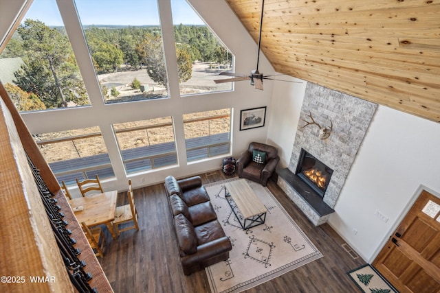 3457 Carefree Rd, Heber, AZ 85928 - living area with a towering ceiling, a fireplace, ceiling fan, and wood finished floors