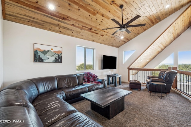 3457 Carefree Rd, Heber, AZ 85928 - carpeted living area featuring wood ceiling, ceiling fan, and recessed lighting