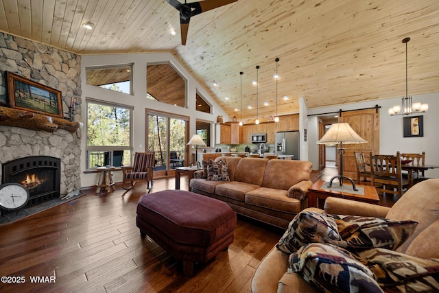 4611 Stonecrop Ln, Show Low, AZ 85901 - living area featuring high vaulted ceiling, a stone fireplace, wood ceiling, wood-type flooring, and a chandelier