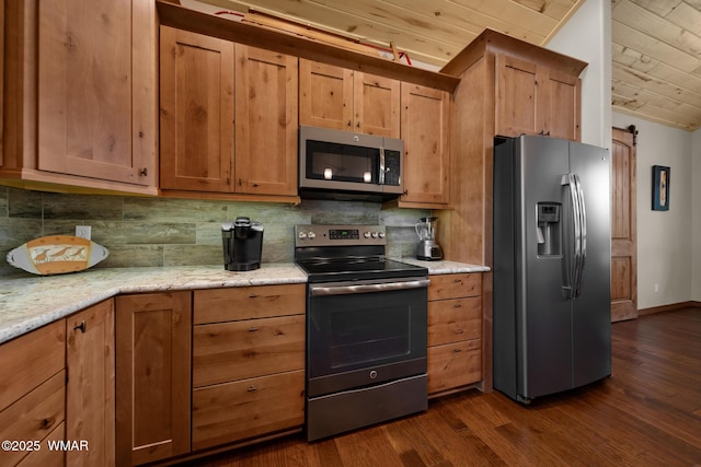 4611 Stonecrop Ln, Show Low, AZ 85901 - kitchen featuring appliances with stainless steel finishes, dark wood-style flooring, backsplash, wooden ceiling, and brown cabinets