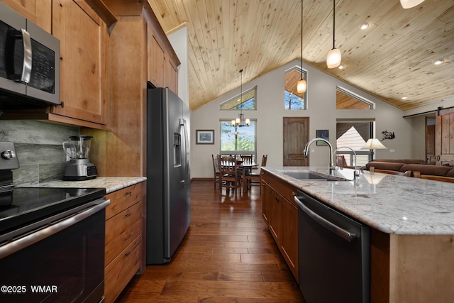 4611 Stonecrop Ln, Show Low, AZ 85901 - kitchen featuring stainless steel appliances, open floor plan, dark wood-type flooring, wooden ceiling, and light stone counters