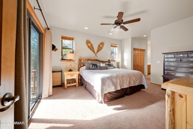 1601 N Stagecoach Cir, Show Low, AZ 85901 - bedroom with light carpet, recessed lighting, access to outside, and ceiling fan