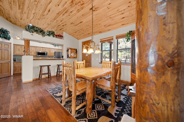 1601 N Stagecoach Cir, Show Low, AZ 85901 - dining room featuring wooden ceiling, dark wood-type flooring, lofted ceiling, and a chandelier
