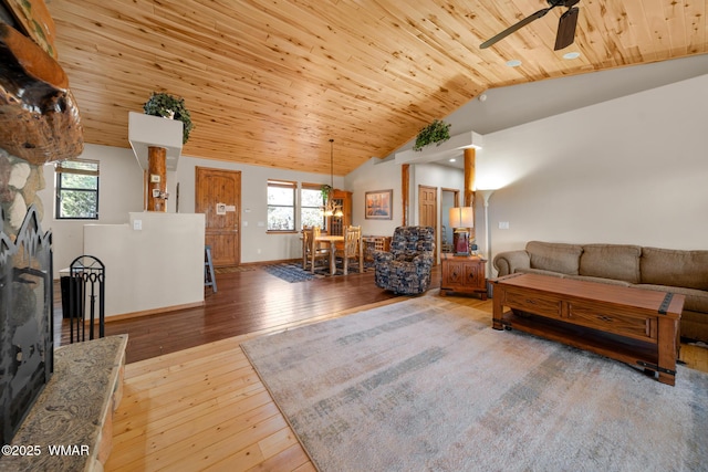 1601 N Stagecoach Cir, Show Low, AZ 85901 - living room with lofted ceiling, ceiling fan, plenty of natural light, wooden ceiling, and hardwood / wood-style flooring