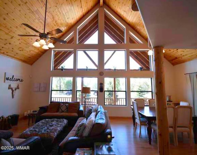 living room featuring ceiling fan, high vaulted ceiling, wood finished floors, and wood ceiling