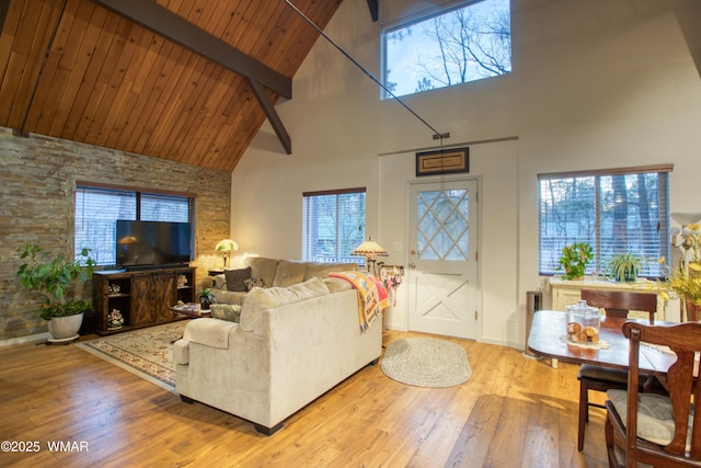 4211 Pinetree Ln, Pinetop, AZ 85935 - living area with high vaulted ceiling, wood finished floors, beamed ceiling, wood ceiling, and baseboards