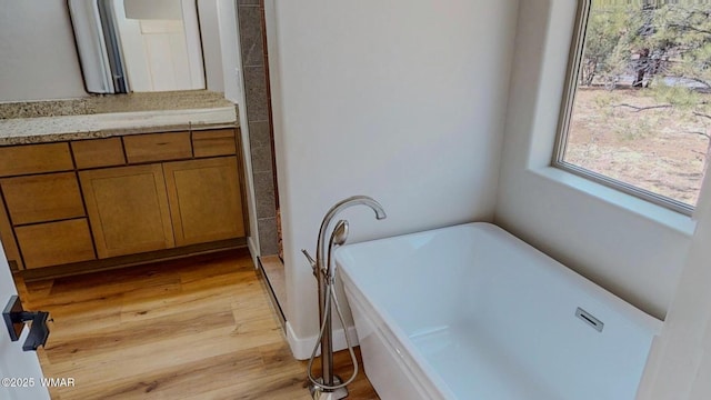 bathroom with a freestanding tub, wood finished floors, and vanity