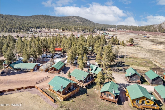 bird's eye view with a wooded view and a mountain view