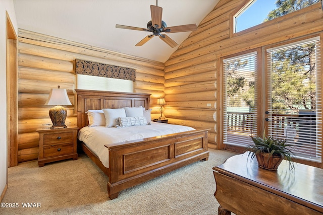 bedroom with high vaulted ceiling, access to outside, light carpet, and log walls