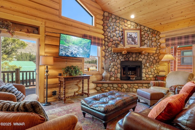 living area featuring high vaulted ceiling, a stone fireplace, log walls, and wood ceiling