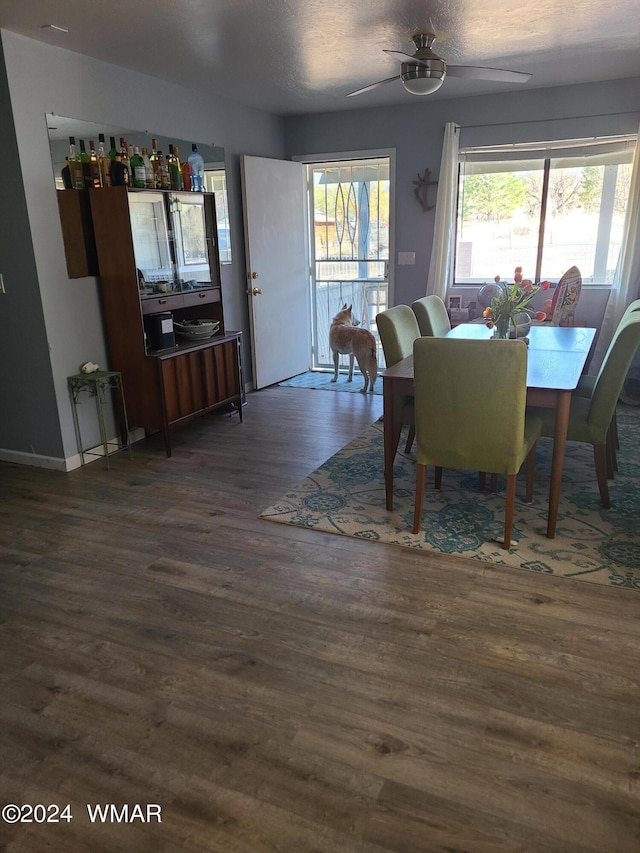 dining room featuring a wealth of natural light, dark wood-style flooring, ceiling fan, and a textured ceiling