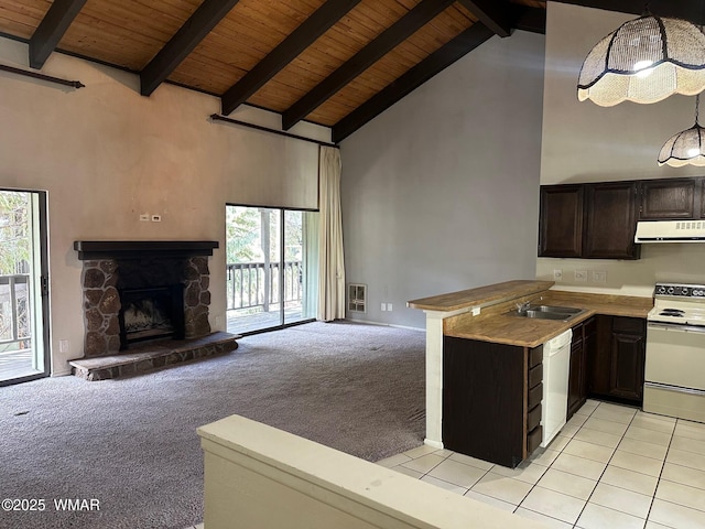 kitchen with range hood, white appliances, light colored carpet, and open floor plan