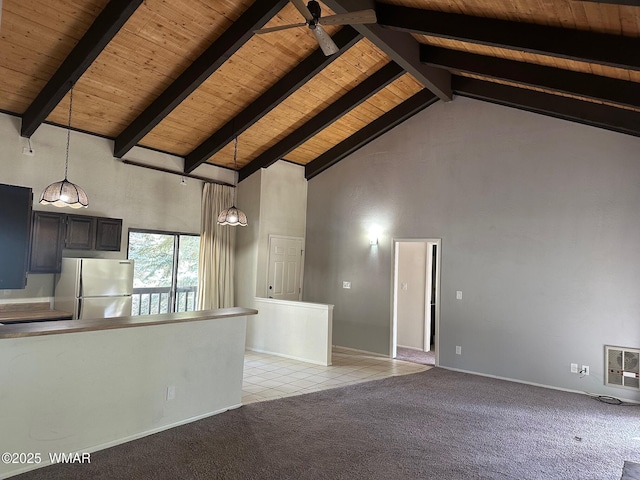 unfurnished living room with light carpet, high vaulted ceiling, wood ceiling, and beam ceiling