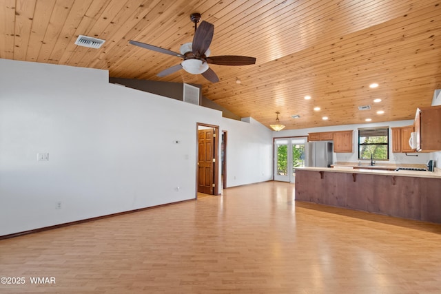 677 Fox Ln, Lakeside, AZ 85929 - unfurnished living room with wood ceiling, a ceiling fan, recessed lighting, light wood finished floors, and a sink