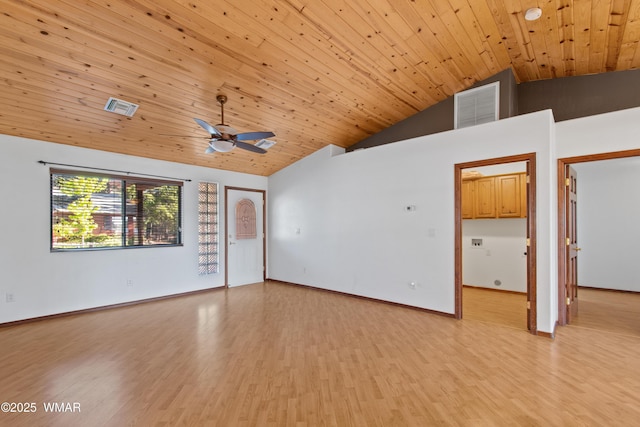 677 Fox Ln, Lakeside, AZ 85929 - empty room with light wood-style floors, a ceiling fan, wood ceiling, baseboards, and high vaulted ceiling